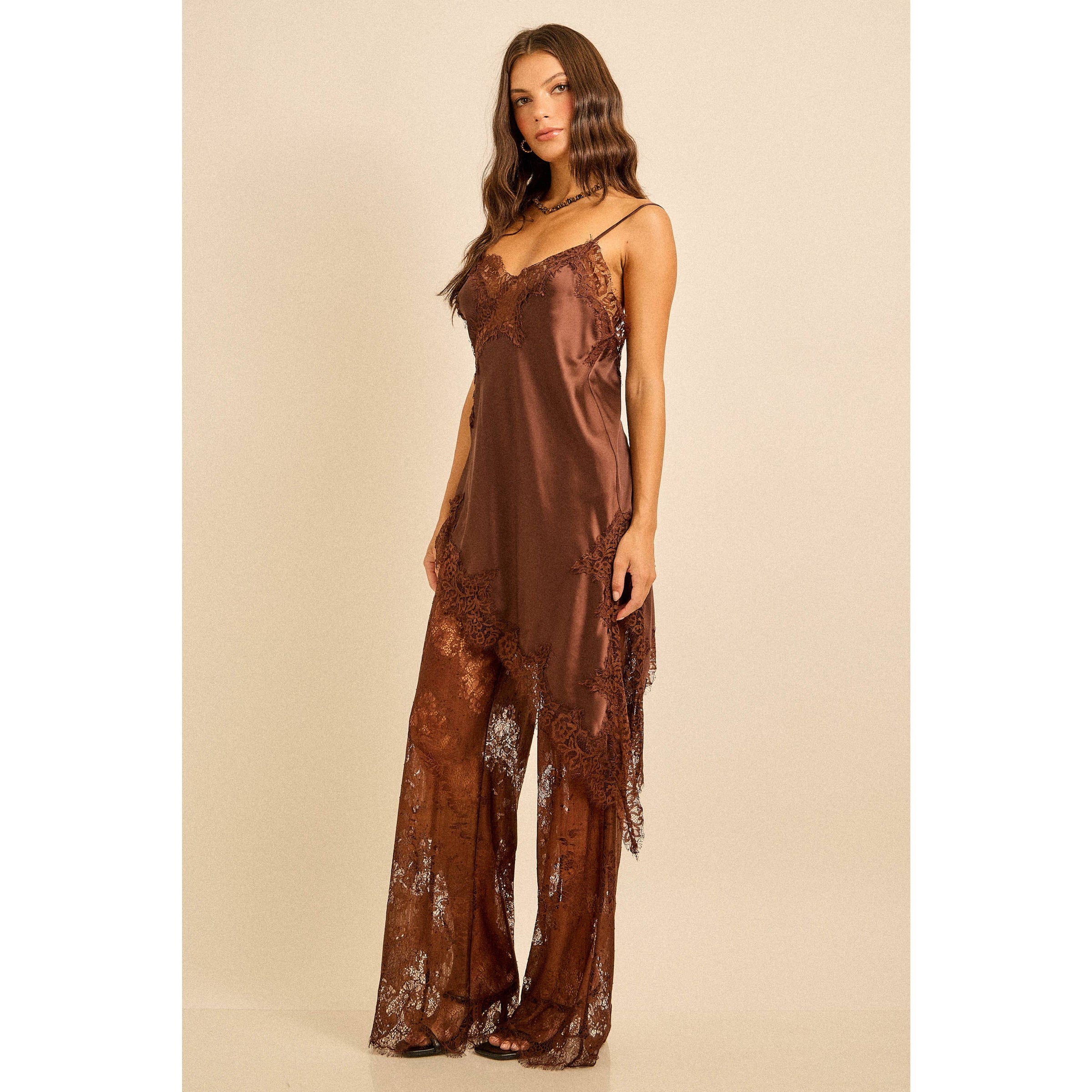 satin lace trim cami dress Satin Lace Side Slit Cami Dress AROLORA